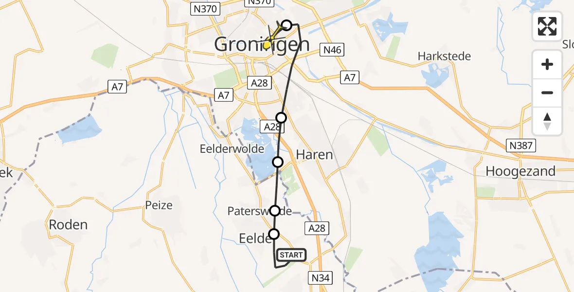 Routekaart van de vlucht: Lifeliner 1 naar Universitair Medisch Centrum Groningen, Veldkampweg