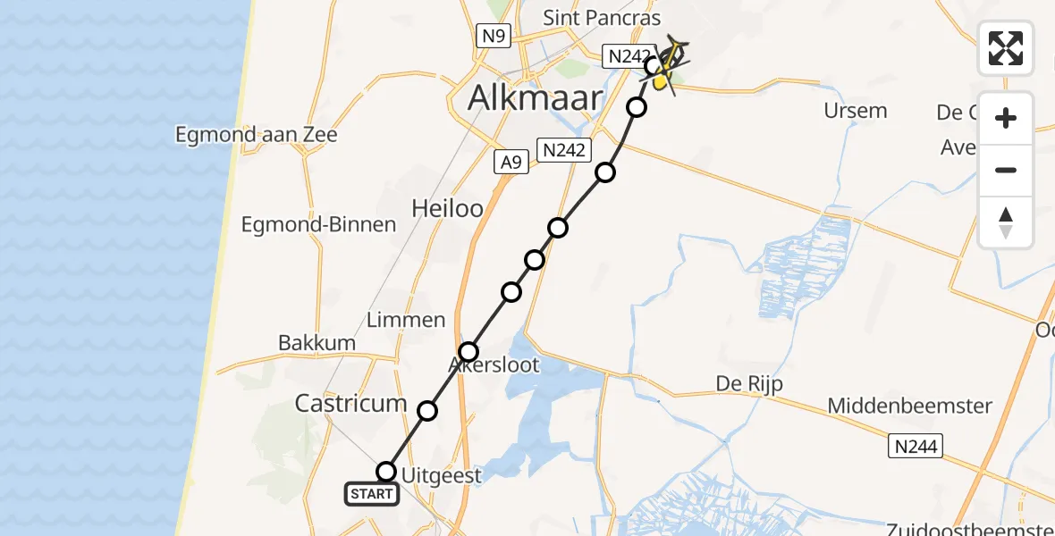 Routekaart van de vlucht: Politieheli naar Heerhugowaard, Provincialeweg