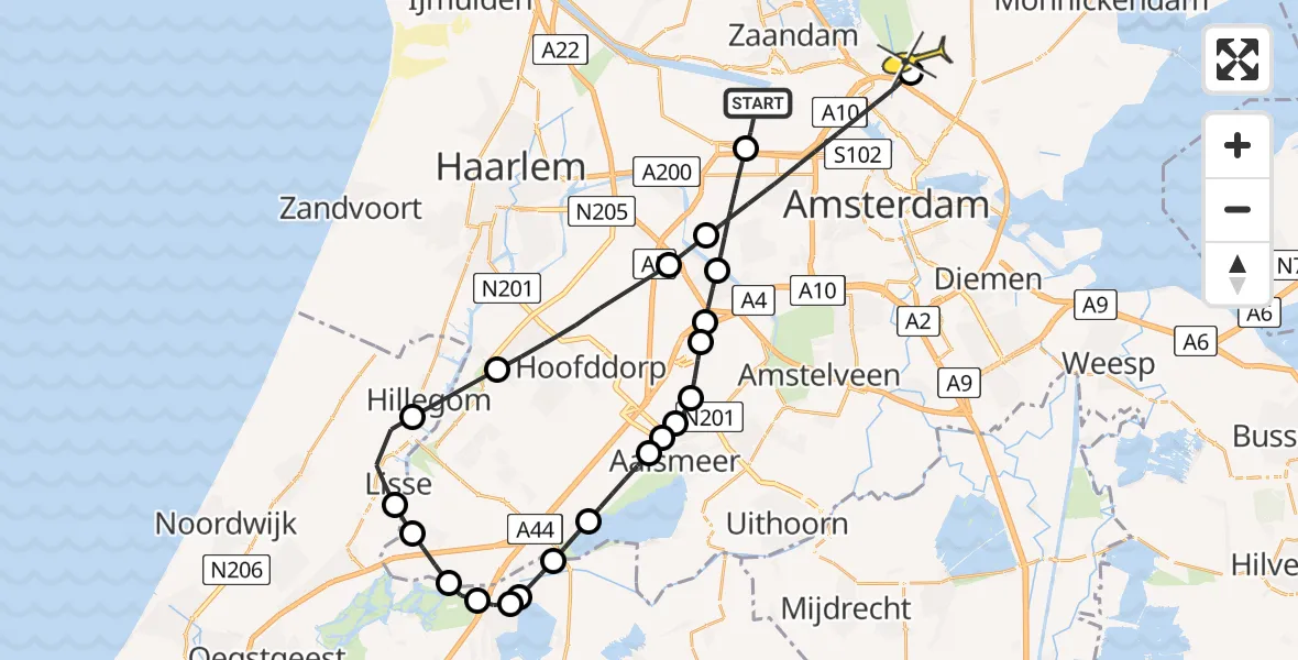 Routekaart van de vlucht: Lifeliner 1 naar Landsmeer, Nieuw-Zeelandweg