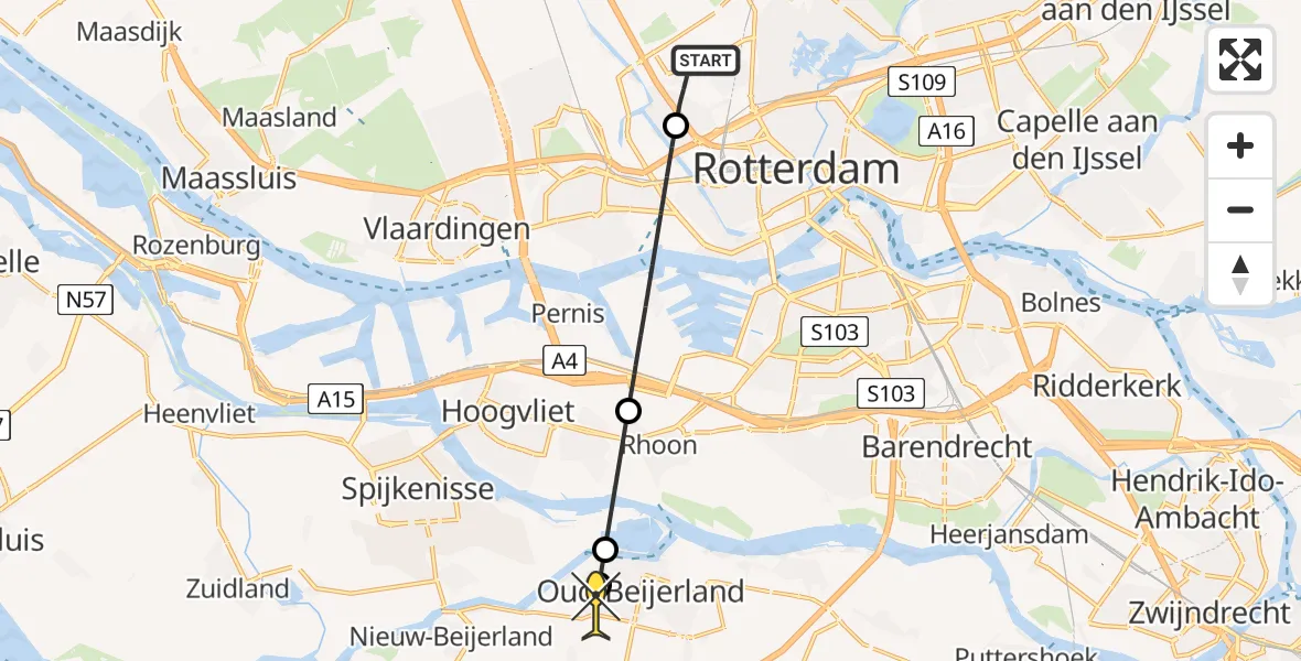 Routekaart van de vlucht: Lifeliner 2 naar Oud-Beijerland, Van der Duijn van Maasdamweg