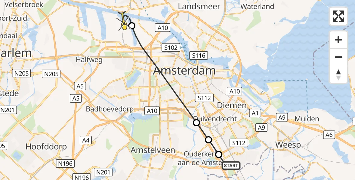 Routekaart van de vlucht: Lifeliner 1 naar Amsterdam Heliport, Tafelbergweg