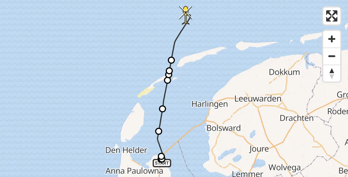 Routekaart van de vlucht: Kustwachthelikopter naar Robbenoordbos