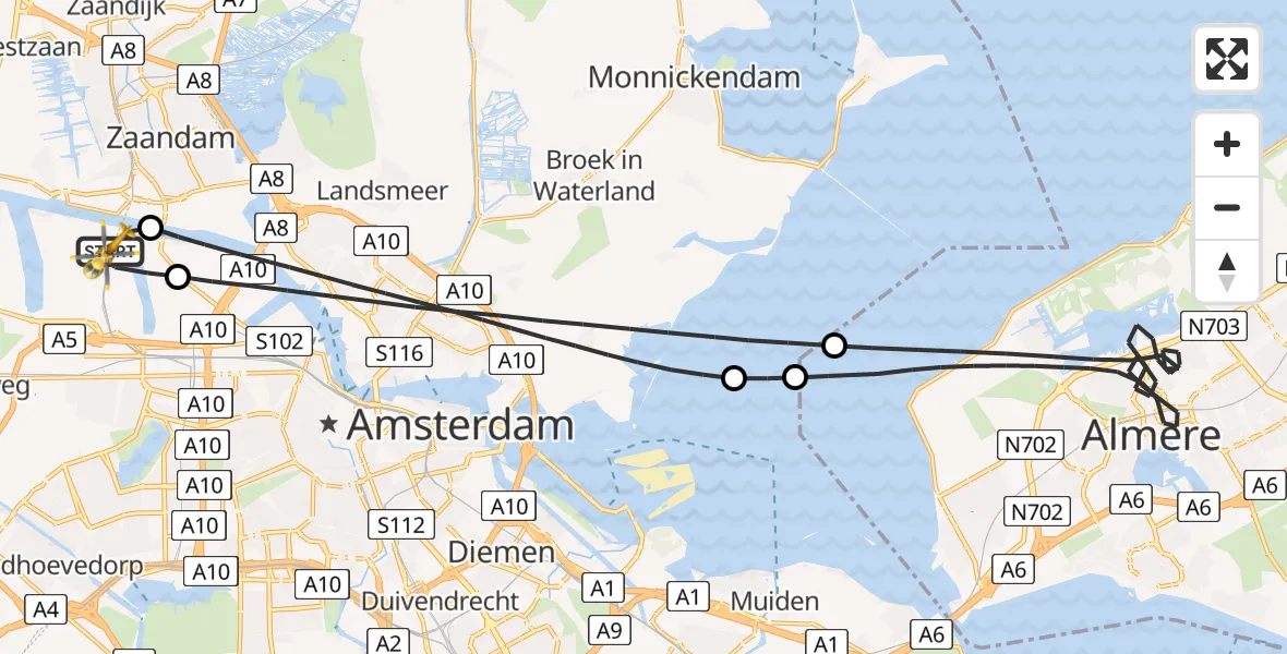 Vluchtroute Traumahelikopter van Amsterdam Heliport naar Amsterdam Heliport
