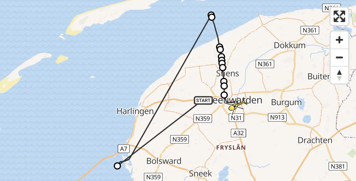 Routekaart van de vlucht: Ambulanceheli naar Leeuwarden, Borniastraat