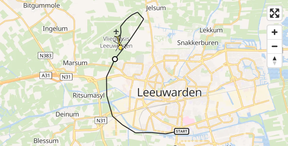 Vluchtroute Ambulancehelikopter van Leeuwarden naar Vliegbasis Leeuwarden