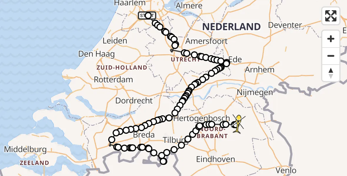 Vluchtroute Politiehelikopter van Schiphol naar Vliegbasis Volkel