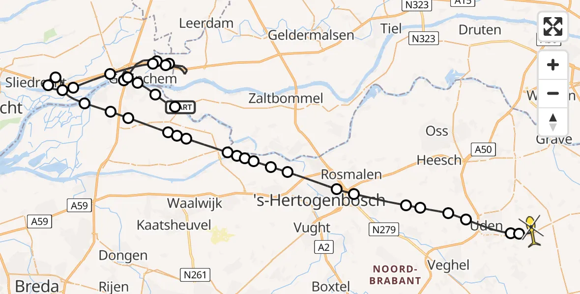 Routekaart van de vlucht: Politieheli naar Vliegbasis Volkel, De Rietdekker