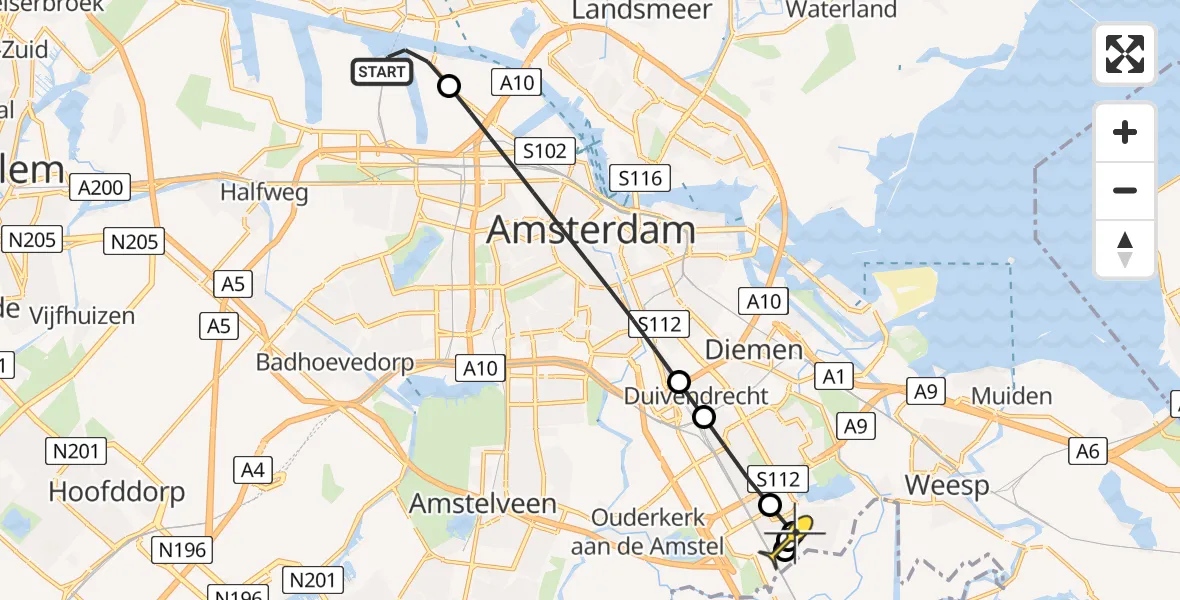 Routekaart van de vlucht: Lifeliner 1 naar Amsterdam, Westpoort