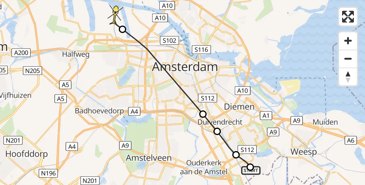 Routekaart van de vlucht: Lifeliner 1 naar Amsterdam Heliport, Maasdrielhof