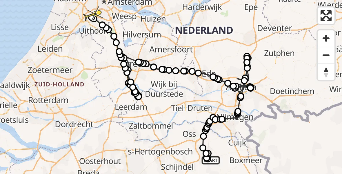 Vluchtroute Politiehelikopter van Vliegbasis Volkel naar Schiphol