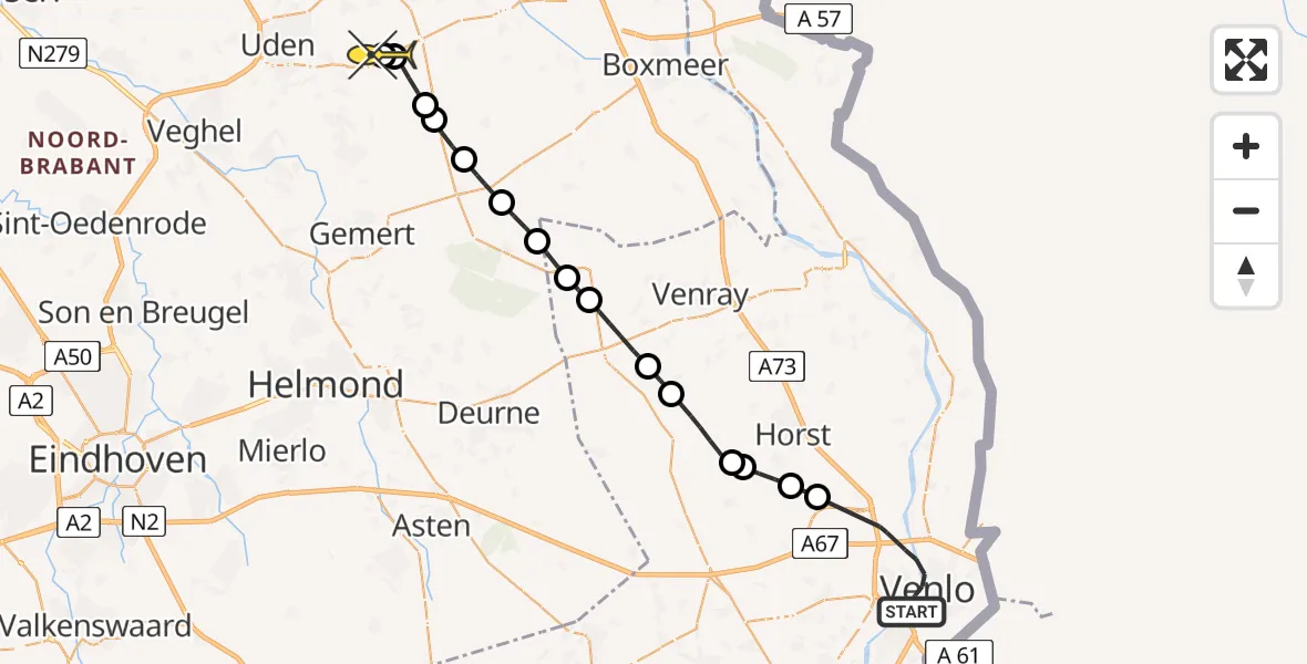 Routekaart van de vlucht: Lifeliner 3 naar Vliegbasis Volkel, De Weerdsprong