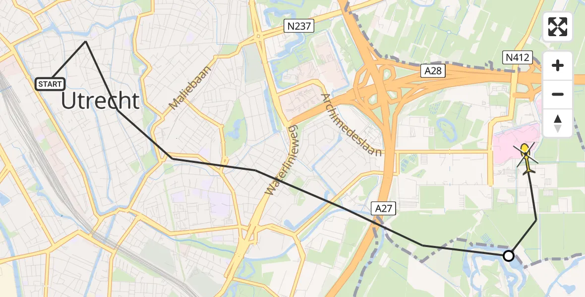 Routekaart van de vlucht: Lifeliner 1 naar Universitair Medisch Centrum Utrecht, Nieuwegracht