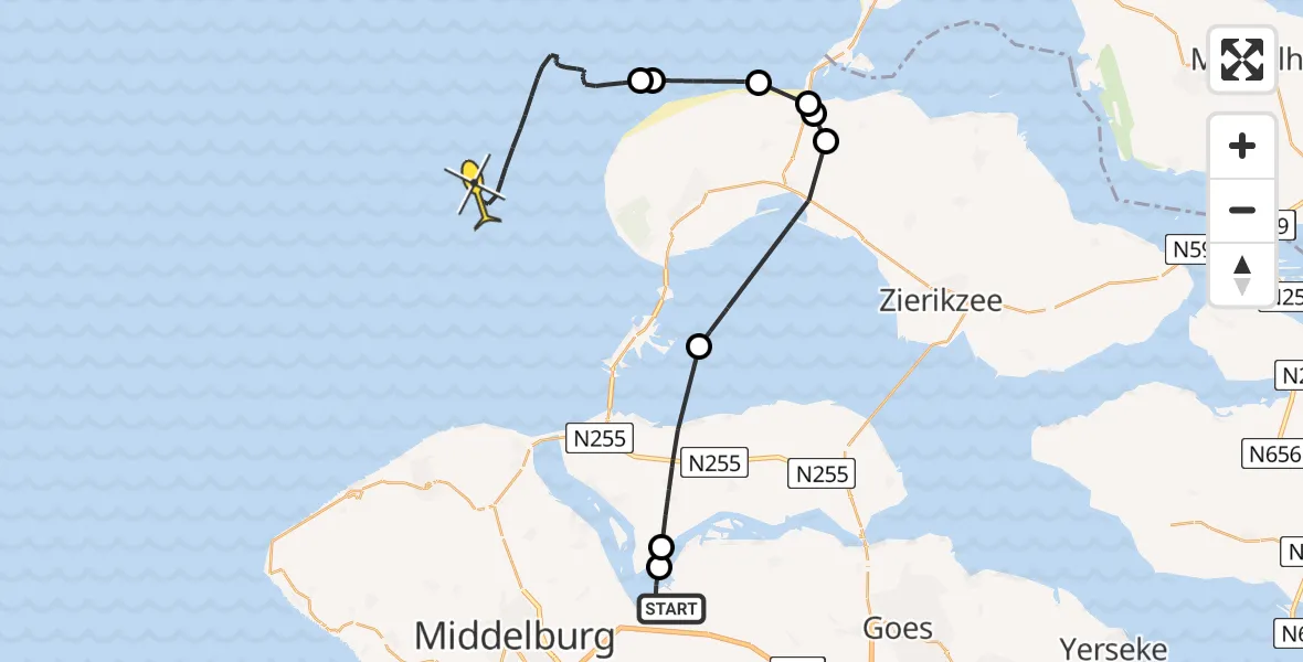 Routekaart van de vlucht: Kustwachthelikopter naar Bastiaan de Langeplaat