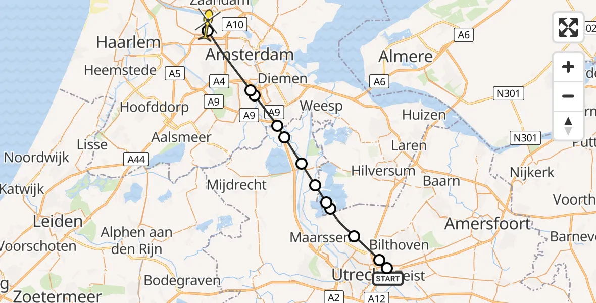 Routekaart van de vlucht: Lifeliner 1 naar Amsterdam Heliport, Amateurtuinvereniging Het Kloosterpark