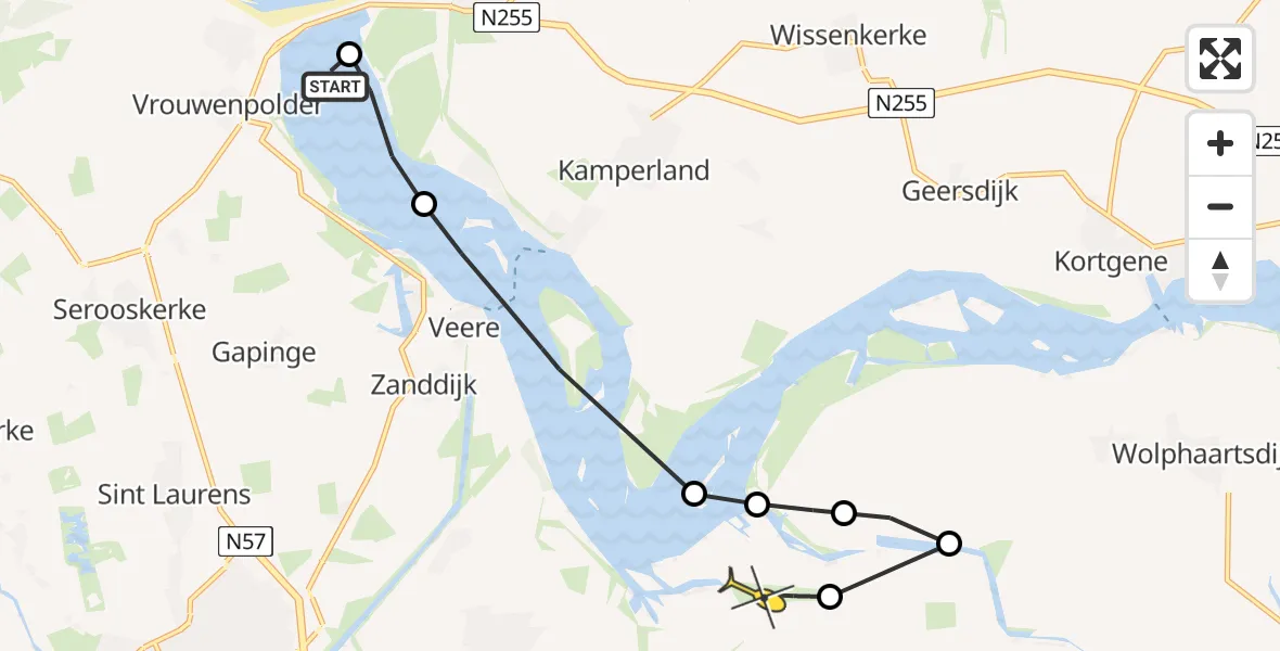 Routekaart van de vlucht: Kustwachthelikopter naar Vliegveld Midden-Zeeland, Oost-westweg