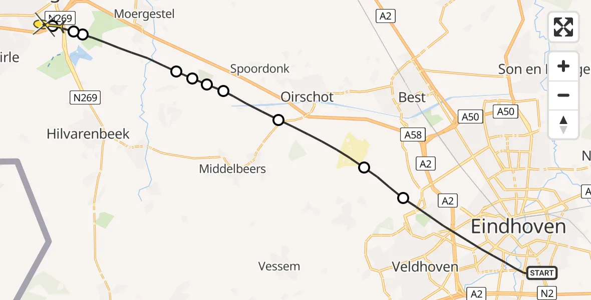 Routekaart van de vlucht: Lifeliner 3 naar Tilburg, Floraplein