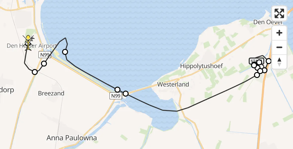 Routekaart van de vlucht: Kustwachthelikopter naar Vliegveld De Kooy, Molenweg