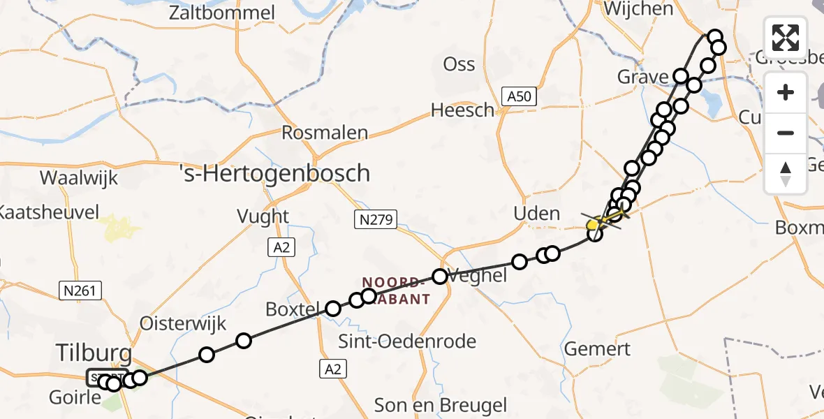 Routekaart van de vlucht: Lifeliner 3 naar Vliegbasis Volkel, Tilburgseweg