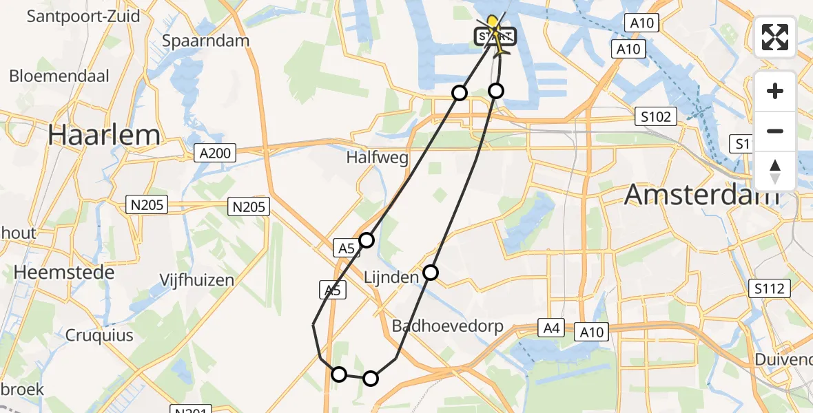 Routekaart van de vlucht: Lifeliner 1 naar Amsterdam Heliport, Amerikahavenweg