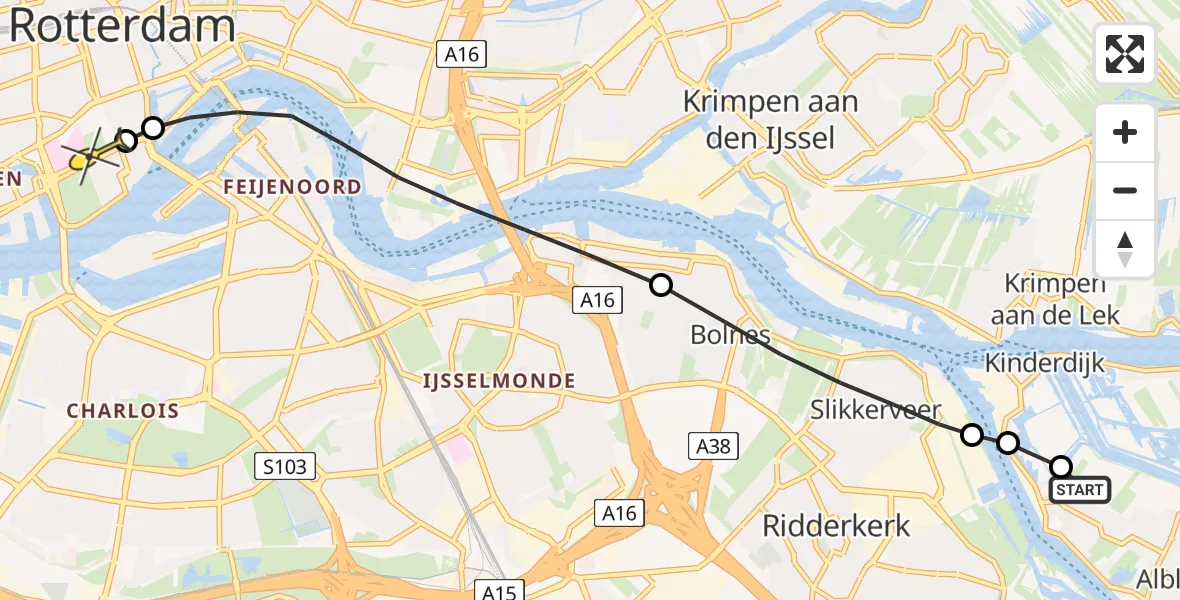 Routekaart van de vlucht: Lifeliner 2 naar Erasmus MC, West Kinderdijk