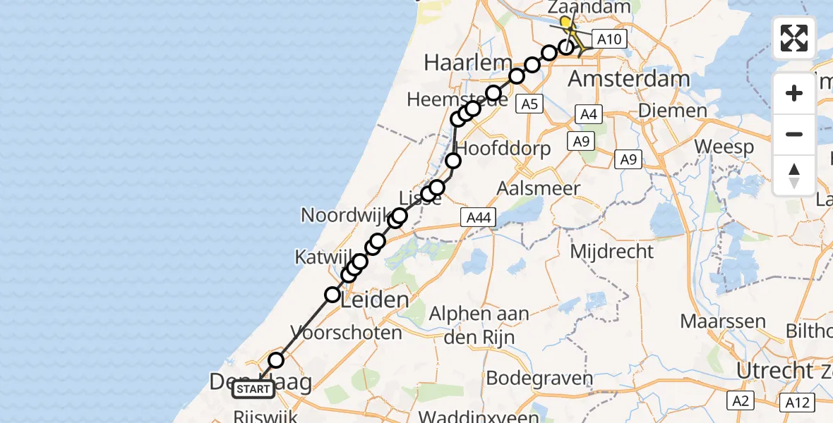 Routekaart van de vlucht: Lifeliner 1 naar Amsterdam Heliport, Lange Voorhout