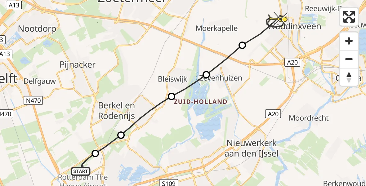 Routekaart van de vlucht: Lifeliner 2 naar Waddinxveen, Landscheiding