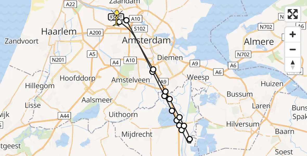 Routekaart van de vlucht: Lifeliner 1 naar Amsterdam Heliport, Hemweg