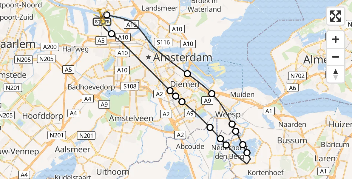 Vluchtroute Traumahelikopter van Amsterdam Heliport naar Amsterdam Heliport