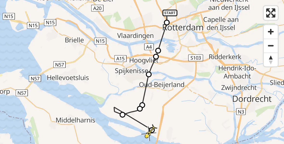 Routekaart van de vlucht: Politieheli naar Zuid-Beijerland, Rhijnsburgstraat