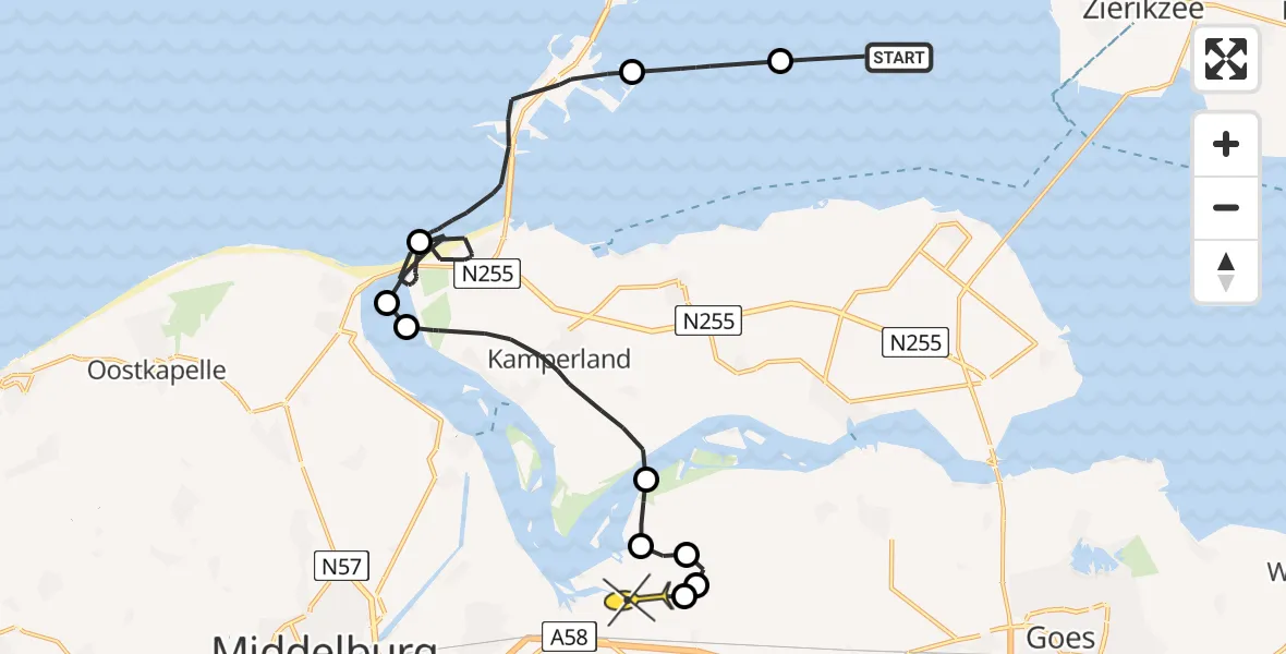 Routekaart van de vlucht: Politieheli naar Vliegveld Midden-Zeeland, Calandweg