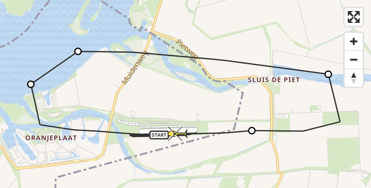 Routekaart van de vlucht: Politiehelikopter naar Vliegveld Midden-Zeeland, Calandweg