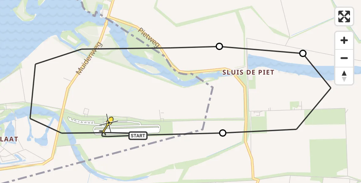 Routekaart van de vlucht: Politieheli naar Vliegveld Midden-Zeeland, Oranjeplaatweg