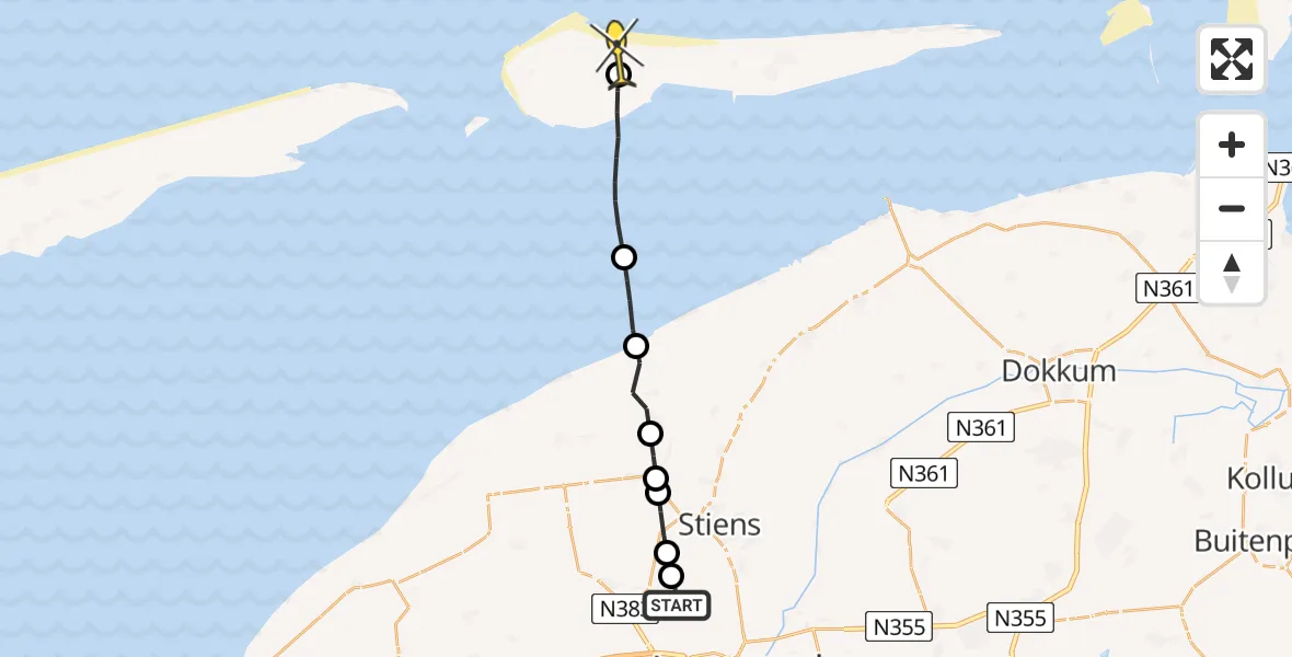 Routekaart van de vlucht: Ambulancehelikopter naar Ameland Airport Ballum, Hogerhuisdyk