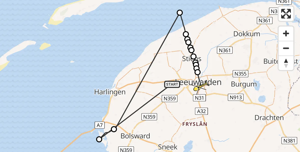 Routekaart van de vlucht: Ambulancehelikopter naar Leeuwarden, Makkummer Djip