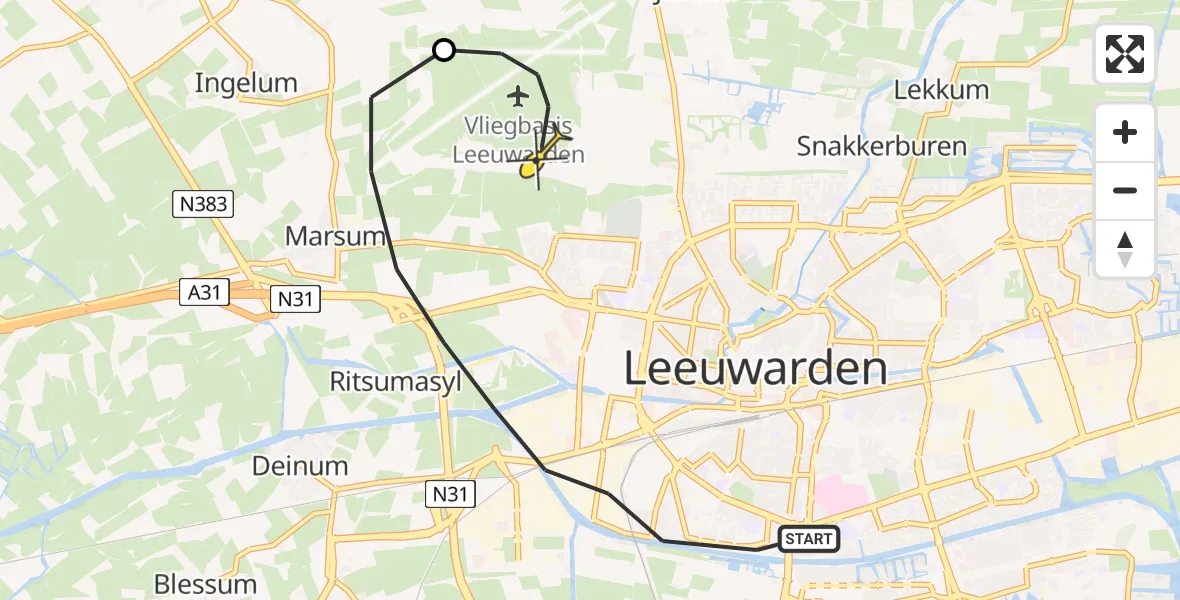 Vluchtroute Ambulancehelikopter van Leeuwarden naar Vliegbasis Leeuwarden