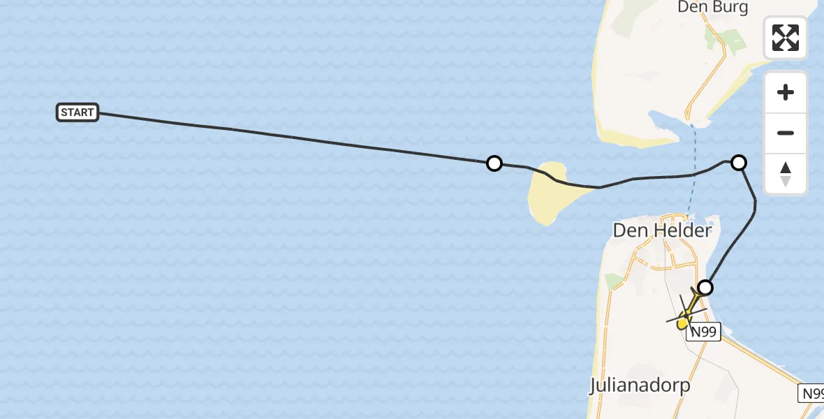 Routekaart van de vlucht: Kustwachthelikopter naar Vliegveld De Kooy, Doggersvaart