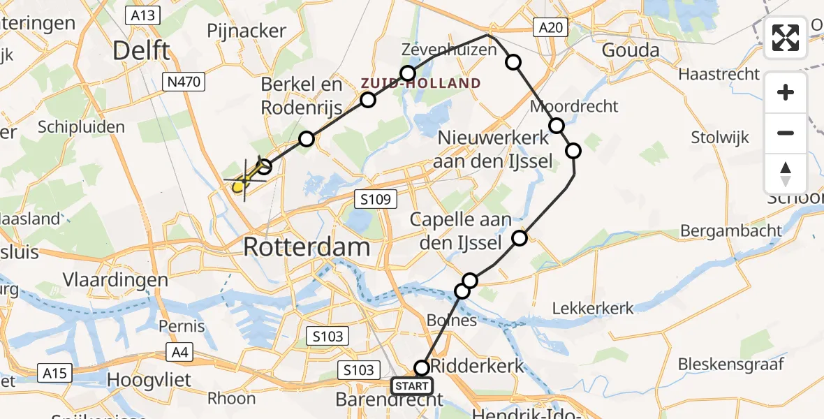 Routekaart van de vlucht: Politiehelikopter naar Rotterdam The Hague Airport, Rotterdamseweg