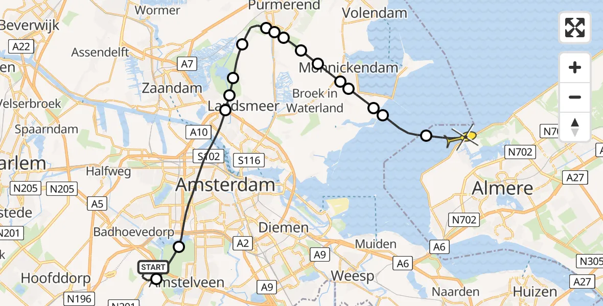 Routekaart van de vlucht: Politieheli naar Almere, Westerkimweg