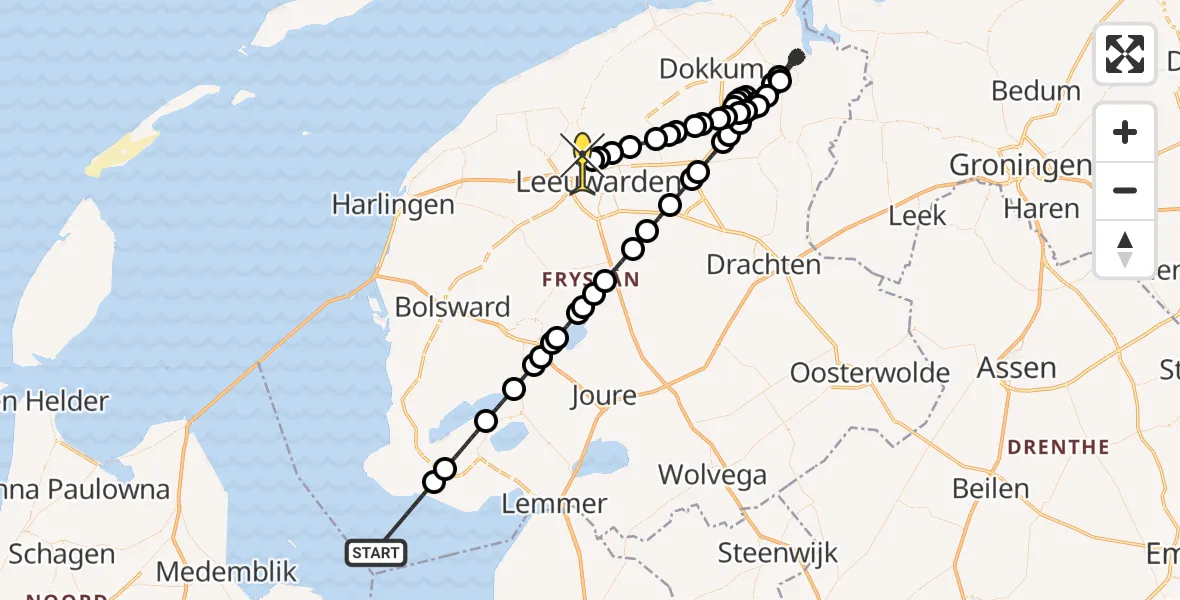 Routekaart van de vlucht: Politieheli naar Vliegbasis Leeuwarden, Mirns