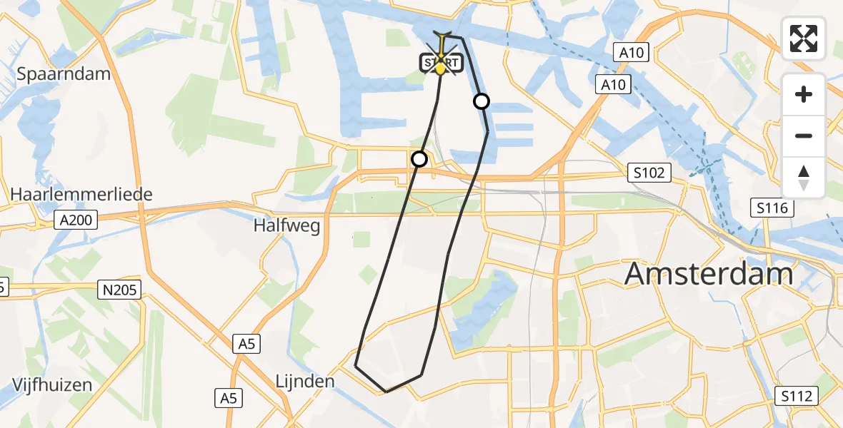 Routekaart van de vlucht: Lifeliner 1 naar Amsterdam Heliport, Nieuw-Zeelandweg