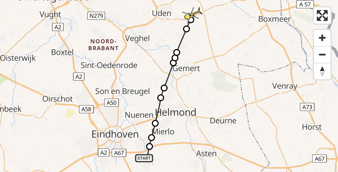 Routekaart van de vlucht: Lifeliner 3 naar Vliegbasis Volkel, De Zegge