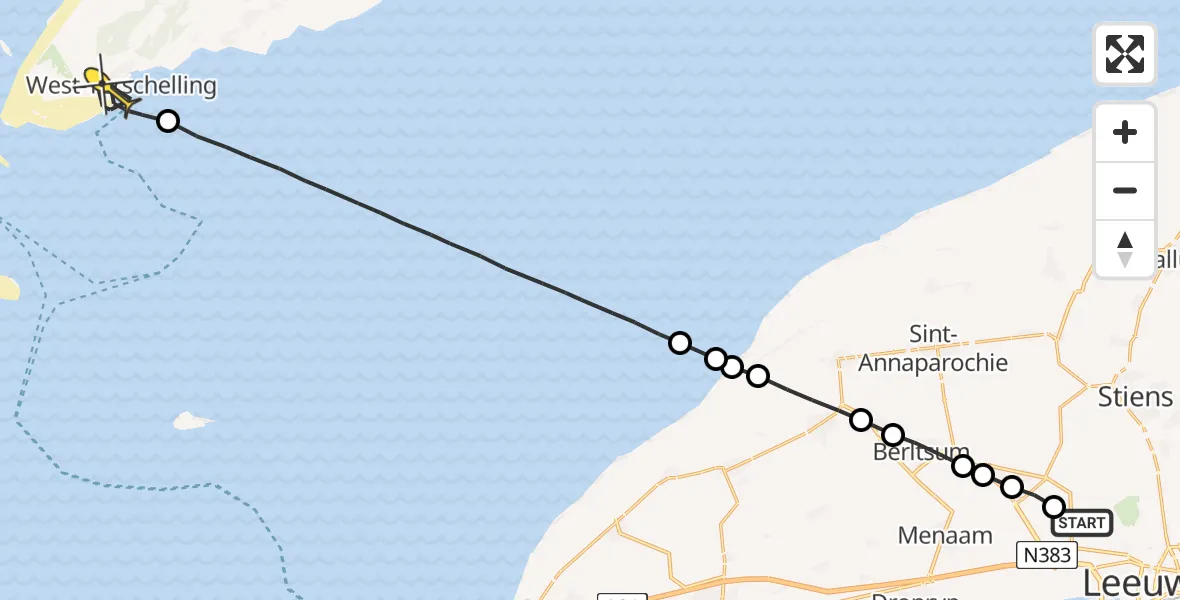 Routekaart van de vlucht: Ambulancehelikopter naar West-Terschelling, Tilledyk