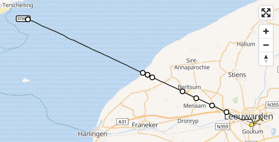 Routekaart van de vlucht: Ambulancehelikopter naar Leeuwarden, De Pelsweg