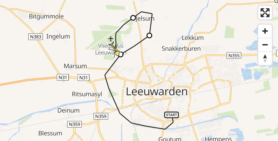 Vluchtroute Ambulancehelikopter van Leeuwarden naar Vliegbasis Leeuwarden