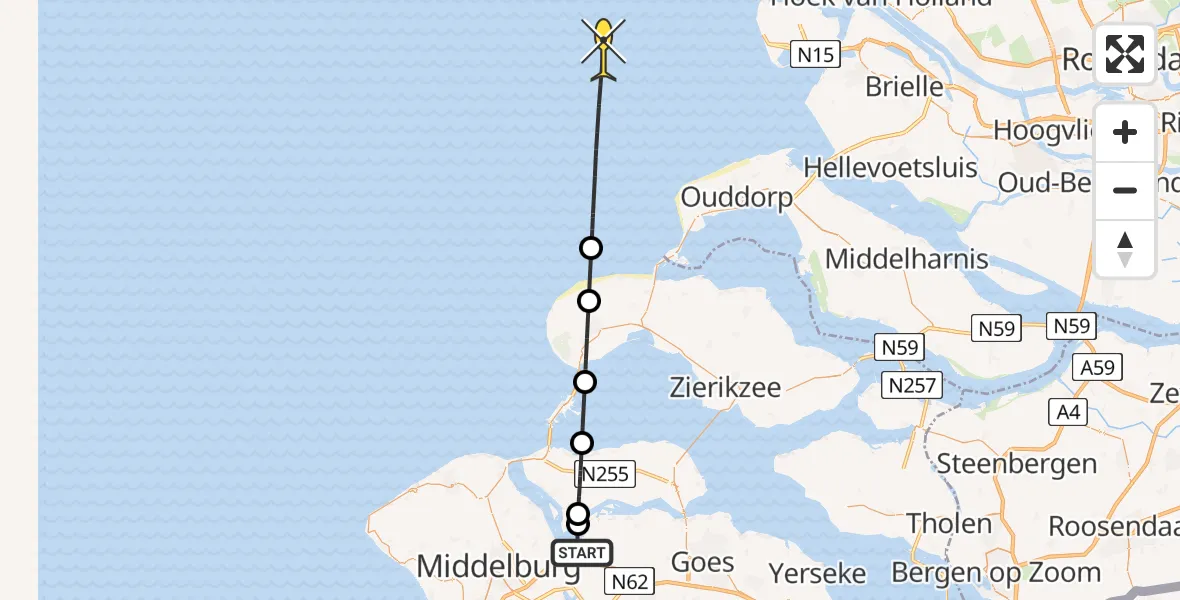 Routekaart van de vlucht: Kustwachthelikopter naar De Omloop