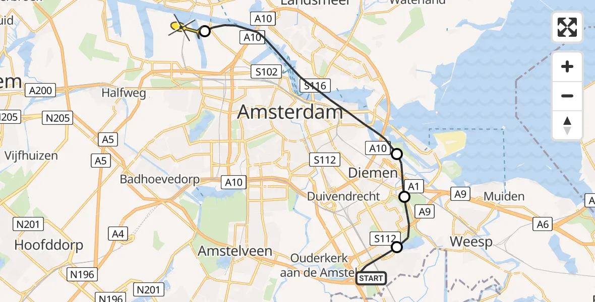 Routekaart van de vlucht: Lifeliner 1 naar Amsterdam Heliport, Meibergdreef