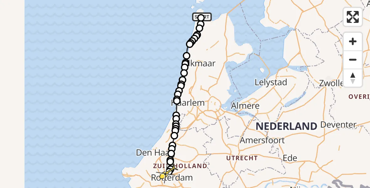Routekaart van de vlucht: Kustwachthelikopter naar Rotterdam The Hague Airport, Rijksweg