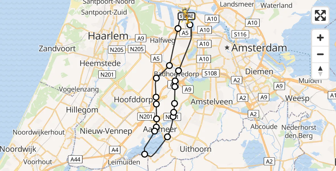 Vluchtroute Traumahelikopter van Amsterdam Heliport naar Amsterdam Heliport