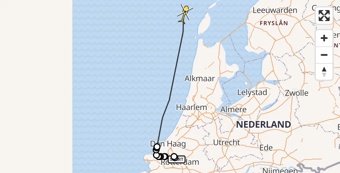 Routekaart van de vlucht: Kustwachthelikopter naar A16 Rotterdam