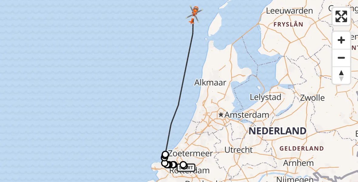 Vluchtroute Kustwachthelikopter van Rotterdam The Hague Airport naar 
